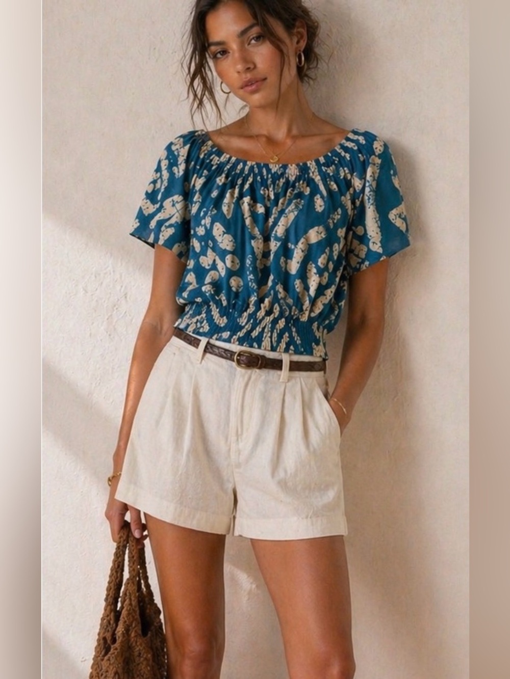 Haute Hippie Linen Blend Off Shoulder Peasant Top XL Blue White Smocked Boho